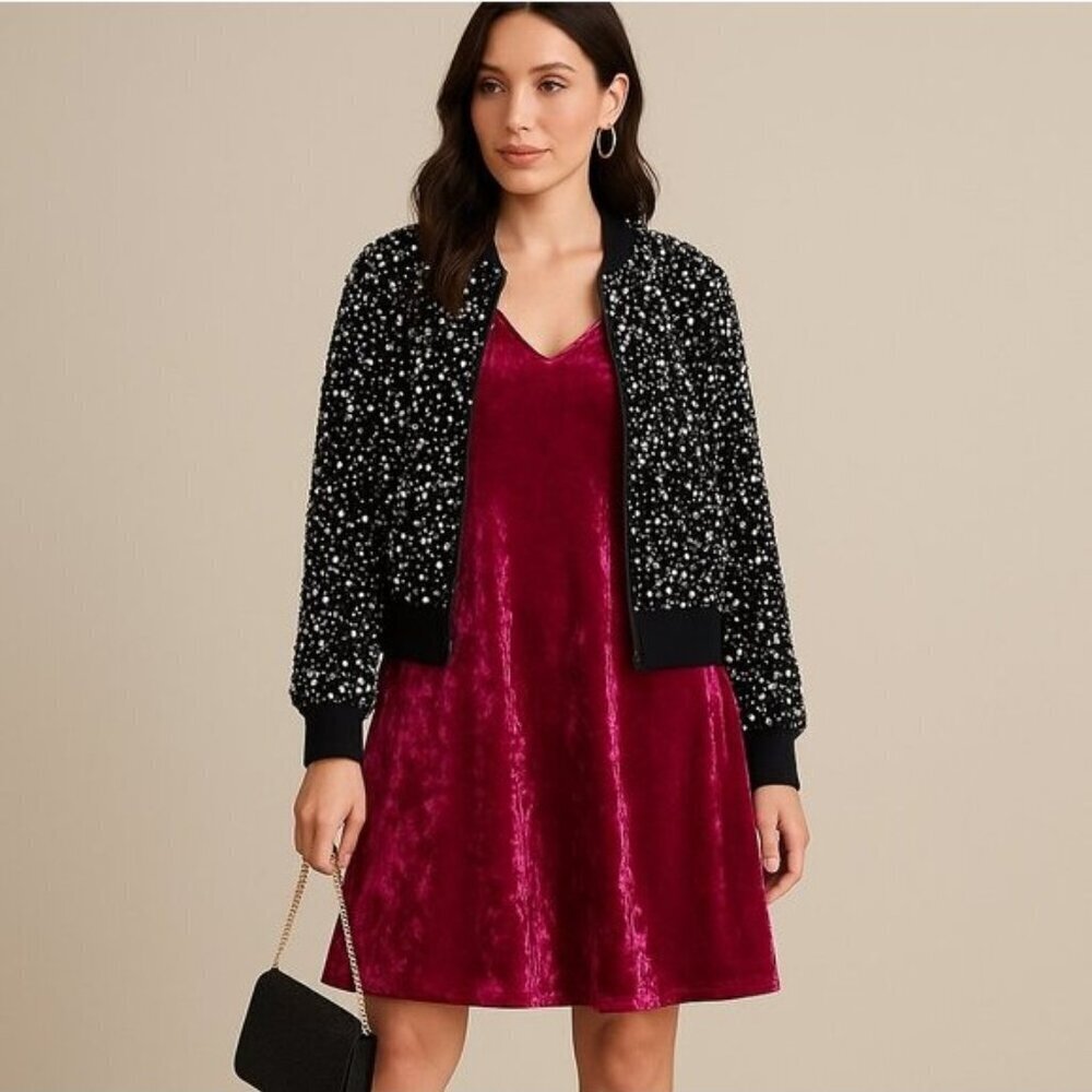 Nanette Lepore Sequin Cropped Jacket Crushed Velvet Dress OUTFIT SET Black Pink